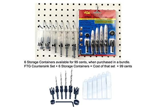 FTG USA Wood Countersink Drill Bit Set Sizes 6 8 10 12 Countersink Tapered Drill Bits, 2 Wood Plug Cutter for Sizes 3/8" and 1/2", 2 Stop Collars, 1 Allen Wrench, and 6 Storarage Containers