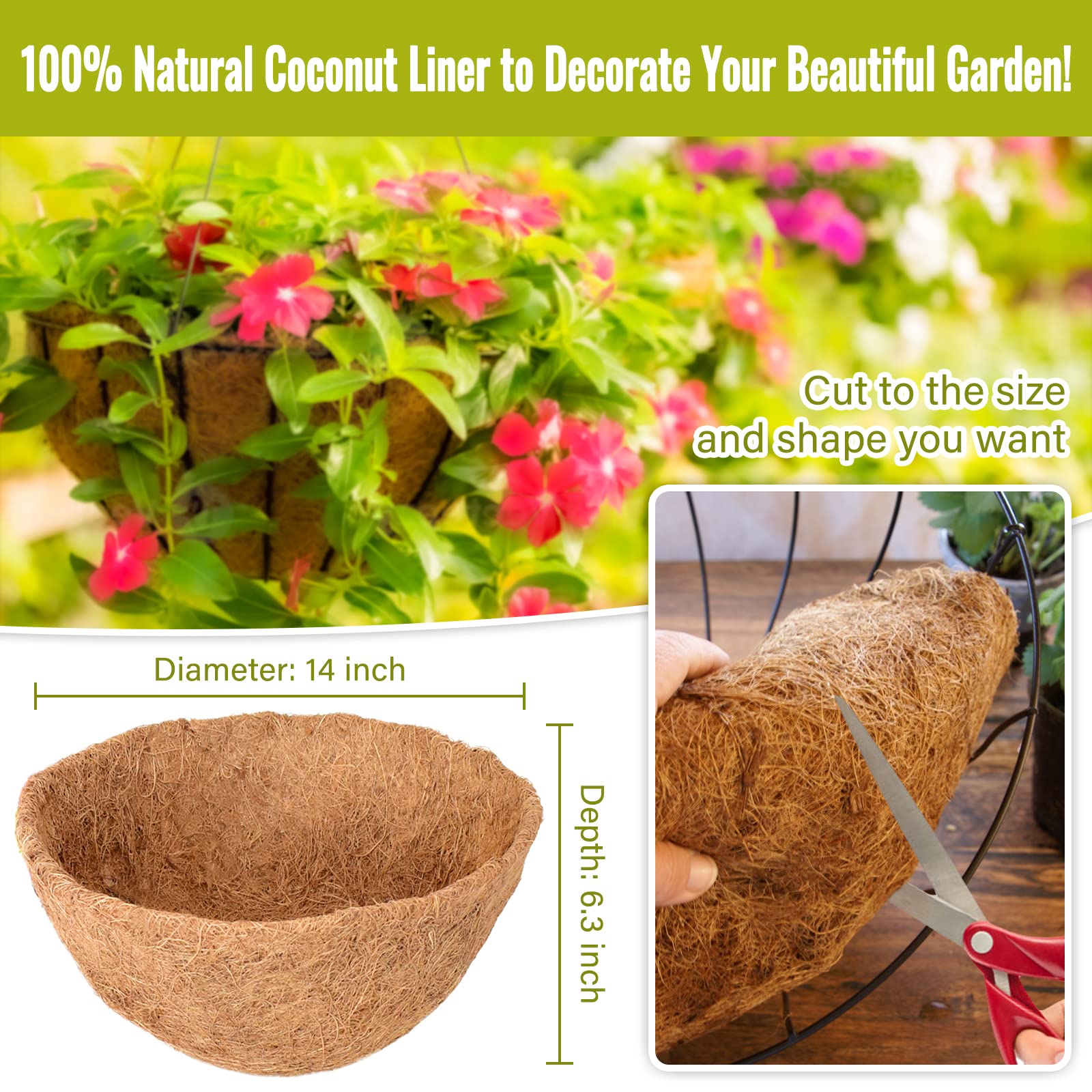 Legigo 6 Pack 14 Inch Hanging Basket Coco Liners Replacement, 100% Natural Round Coconut Coco Fiber Planter Basket Liners for Hanging Basket Flowers/Vegetables