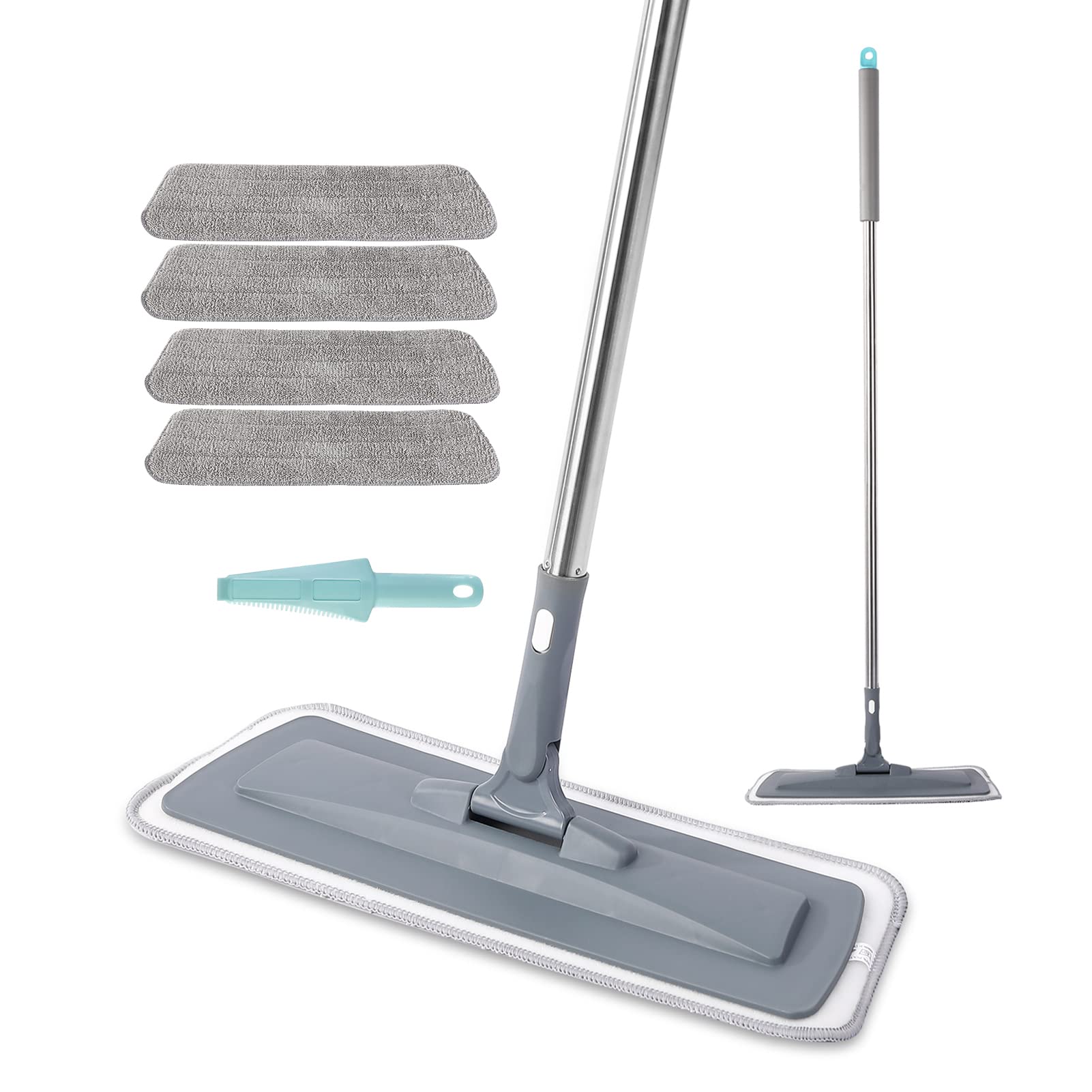 Floor Mop with 4 Washable Pads and Scrubber, Wet Mop with 360 Degree Swivel Head, High-Strength Stainless Steel Metal Rod, Microfiber Mop for Hardwood Laminate Wood Tile Cleaning