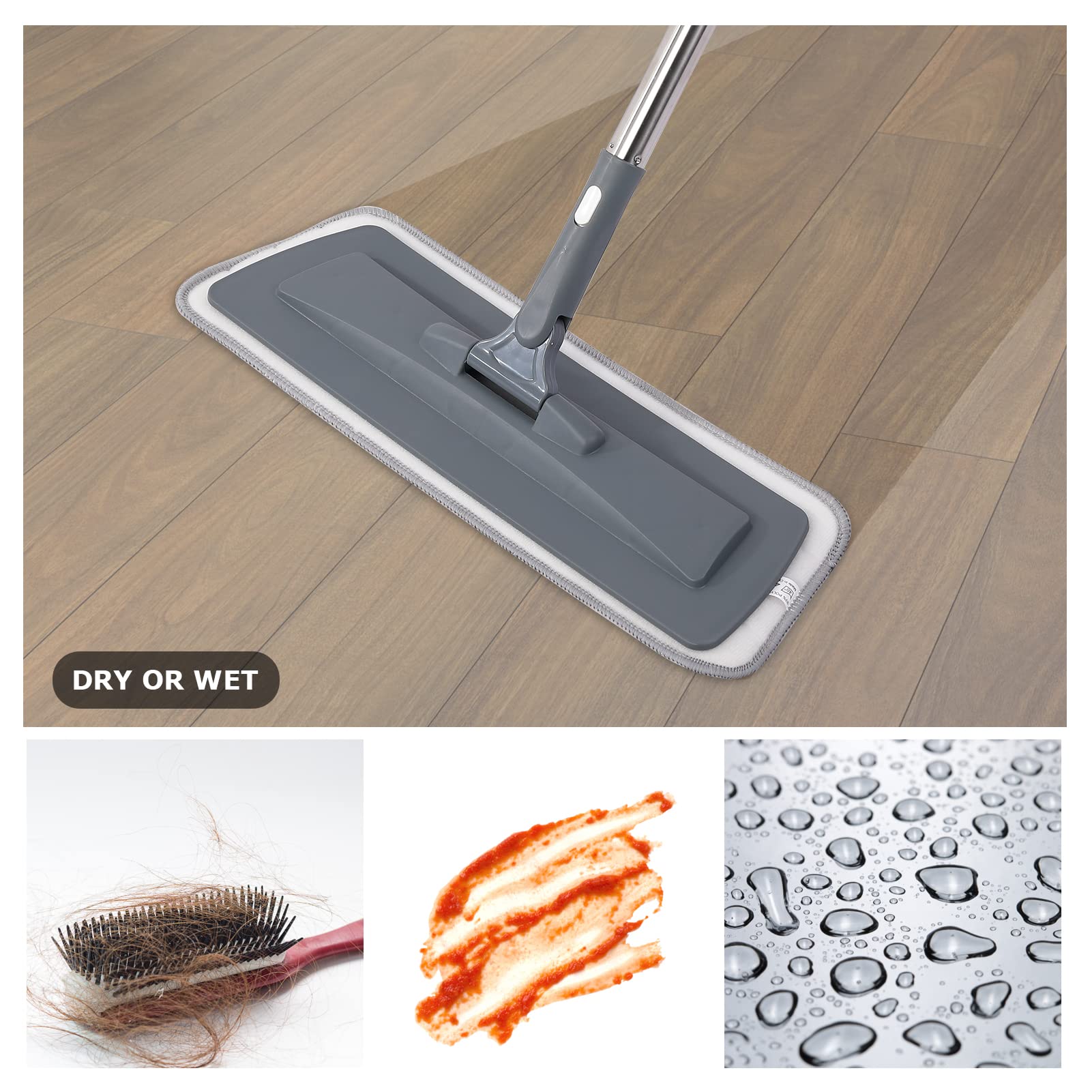 Floor Mop with 4 Washable Pads and Scrubber, Wet Mop with 360 Degree Swivel Head, High-Strength Stainless Steel Metal Rod, Microfiber Mop for Hardwood Laminate Wood Tile Cleaning