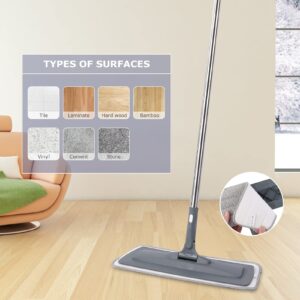 Floor Mop with 4 Washable Pads and Scrubber, Wet Mop with 360 Degree Swivel Head, High-Strength Stainless Steel Metal Rod, Microfiber Mop for Hardwood Laminate Wood Tile Cleaning