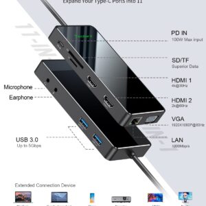 USB C Docking Station, Teolant 11 in 1 Quadruple Display Laptop Docking Station Triple Monitors, Displaylink USB C Dock Dual HDMI VGA Adapter, Compatible with MacBook M1 M2 HP Dell Lenovo