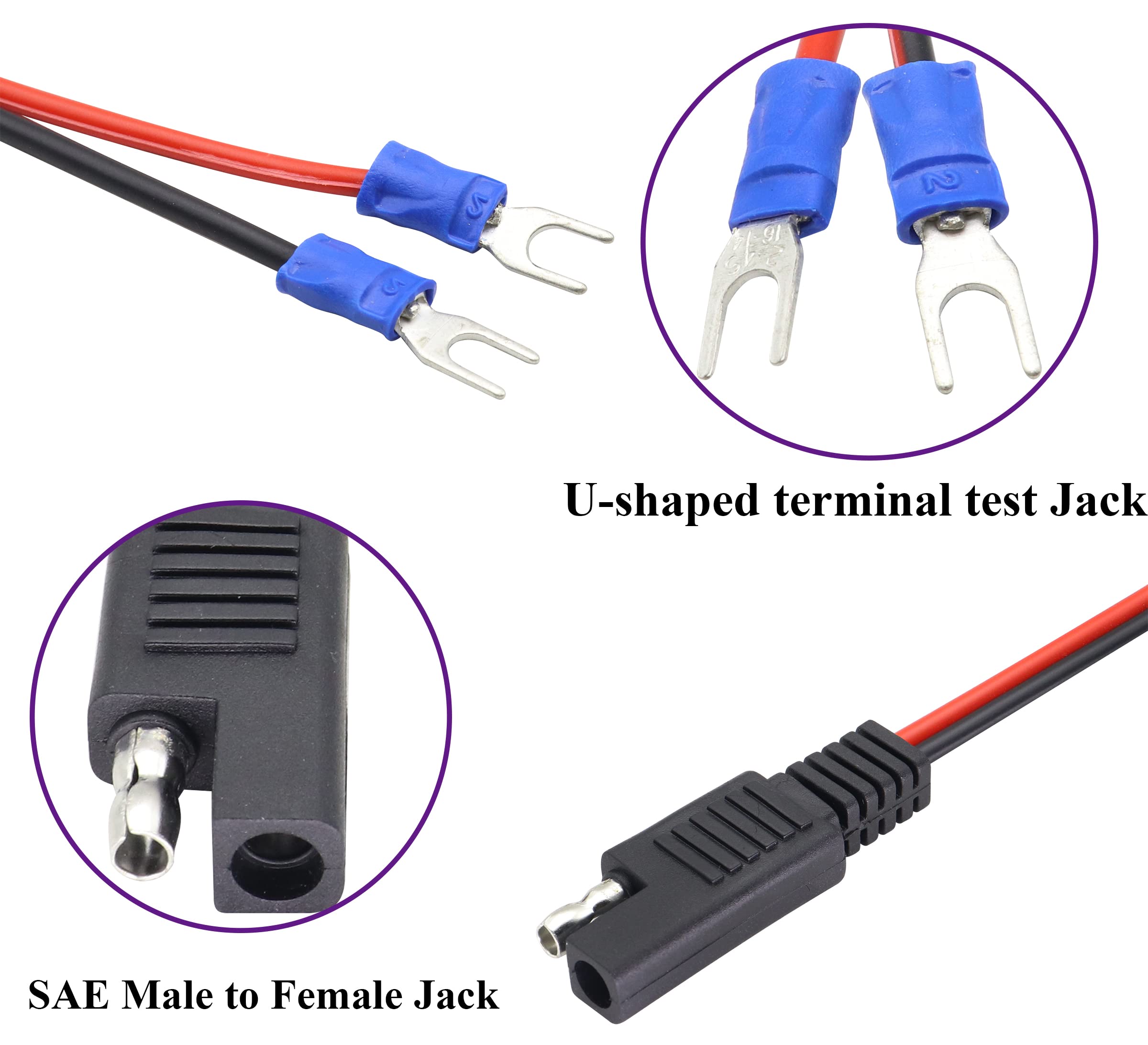 AAOTOKK (2Pack SAE to Fork Ring Terminals Plug Cable U Type Terminal to SAE Power Automotive Solar Panel Charging Cable18AWG 2 Pin Quick Connect/Disconnect Jack SAE Connector(30cm/U Ring)