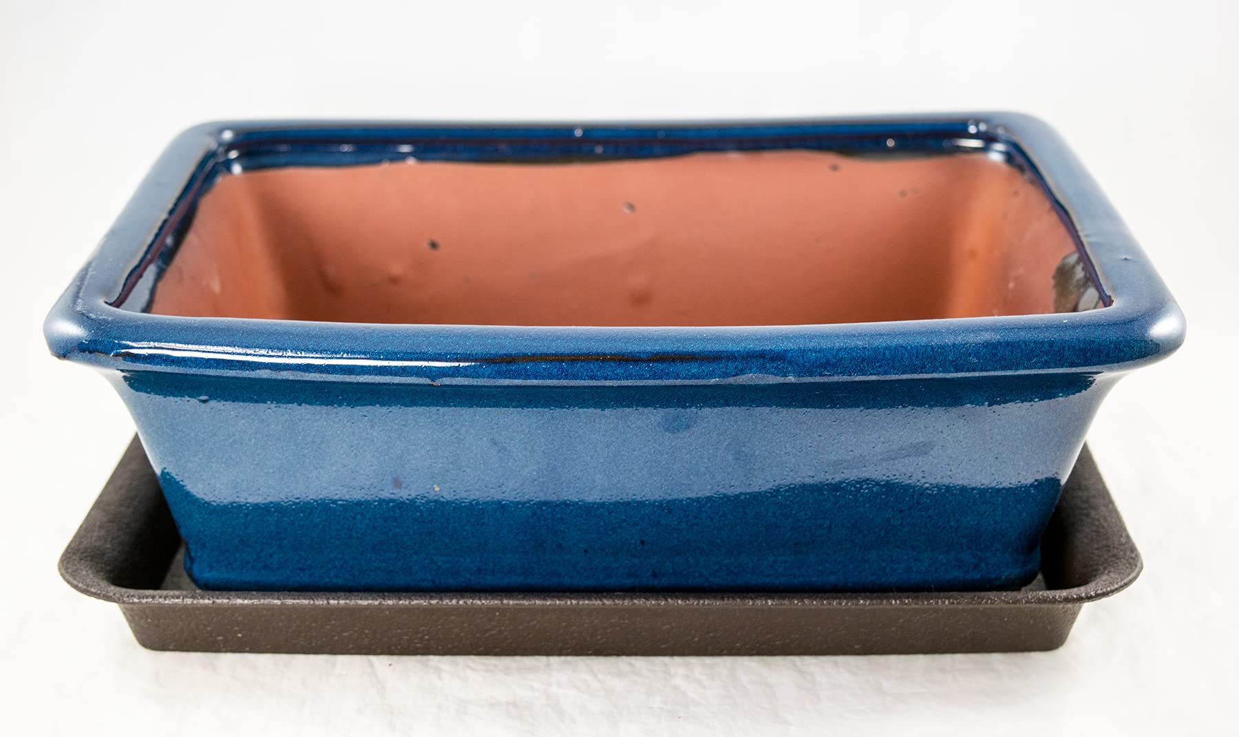 Calibonsai Rectangular Glazed Bonsai Pot, Cactus & Succulent Planter + Tray + Mesh 12 x 9 x 4 - Dark Blue Stain