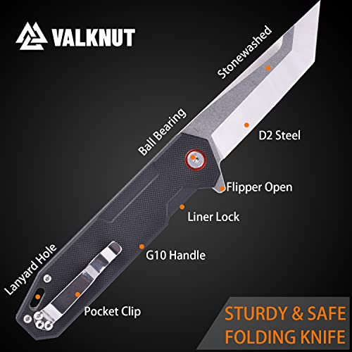 VALKNUT Tanto Knife D2 Blade EDC Folding Pocket Knives with Clip, Flipper Opening Knife with Black G10 Handle, 3.5'' Blade Length