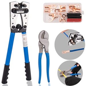 battery cable crimping tool battery terminal crimper battery lug crimper for heavy duty wire lug awg 8-1/0 electrical lug crimper with cable cutter and 12pcs copper lugs, battery cable crimper