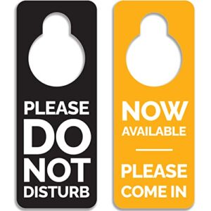 do not disturb door hanger sign 2 pack double sided black and yellow, please do not disturb" and "now available- please come in". ideal for office home clinic dorm online class and meeting sessions.