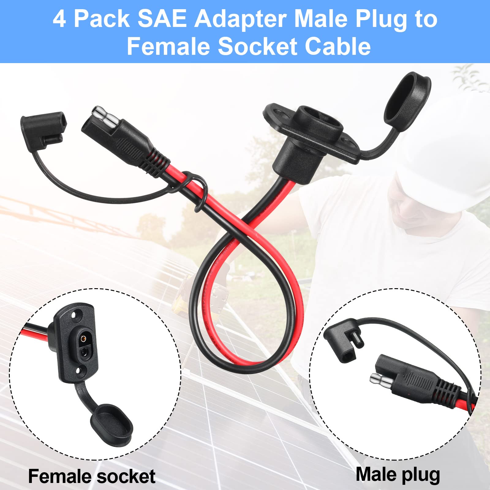 Tuanse 4 Pcs 12 AWG Power Socket Sidewall Port Compatible with SAE Quick Connect Solar Panel Weatherproof Solar Panel Cables and Connectors Battery Connector Power Parts for Generator Battery Charger