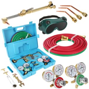 oxy acetylene torch kit oxygen gas welding cutting brazing kit portable regulator hose cutting torch nozzles set with welder tools storage case blue