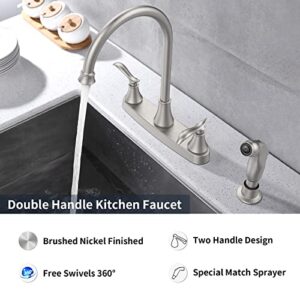 GELE 2 Handle Kitchen Sink Faucet with Side Sprayer, Brushed Nickel, 360 Swivel, 3 or 4 Hole, 8 Inch