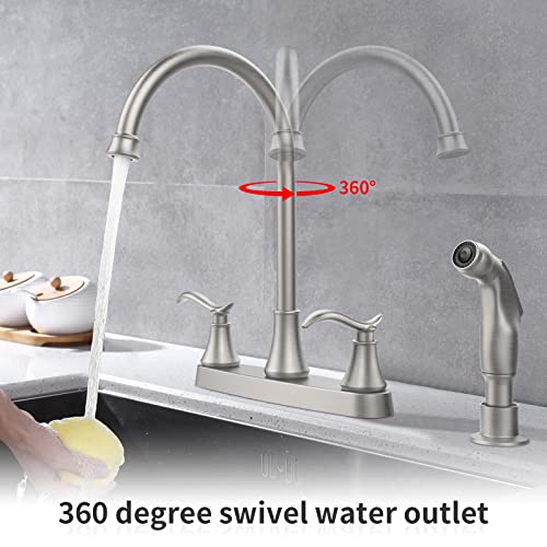 GELE 2 Handle Kitchen Sink Faucet with Side Sprayer, Brushed Nickel, 360 Swivel, 3 or 4 Hole, 8 Inch