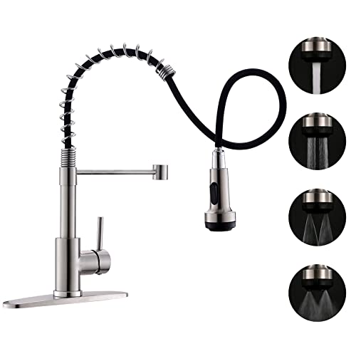 Gnixne Kitchen Faucet with Pull Down Sprayer, 24-Inch Single Handle Kitchen Sink Faucet, 4 Functions Spring Faucet for Kitchen Sink with Deck Plate, Brushed Nickel