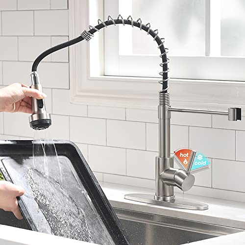 Gnixne Kitchen Faucet with Pull Down Sprayer, 24-Inch Single Handle Kitchen Sink Faucet, 4 Functions Spring Faucet for Kitchen Sink with Deck Plate, Brushed Nickel