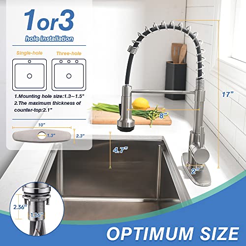 Gnixne Kitchen Faucet with Pull Down Sprayer, 24-Inch Single Handle Kitchen Sink Faucet, 4 Functions Spring Faucet for Kitchen Sink with Deck Plate, Brushed Nickel