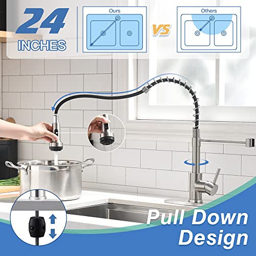 Gnixne Kitchen Faucet with Pull Down Sprayer, 24-Inch Single Handle Kitchen Sink Faucet, 4 Functions Spring Faucet for Kitchen Sink with Deck Plate, Brushed Nickel