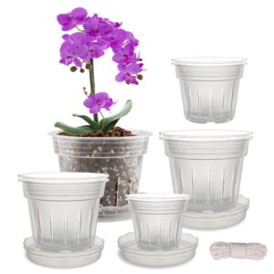 fabulas orchid pot, 8 clear orchid pots with holes and 6 saucers, 2 each of 4.1, 4.8, 5.7 and 6.4 inch orchid pots for repotting, plastic orchid planter breathable slotted flower plant nursery pot
