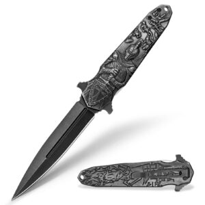 valhalla pocket folding knife, survival knife with 3d crusader relief, great gift edc pocket knife for men collector outdoor camping hiking hunting knife