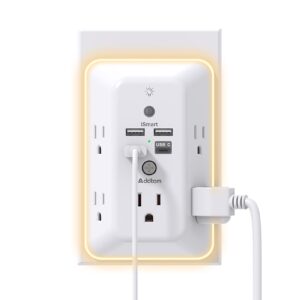 surge protector, multi plug outlet extender with night light for home, office, school, addtam 5-outlet splitter and 4 usb ports(1 usb c), wall charger power strip, etl listed