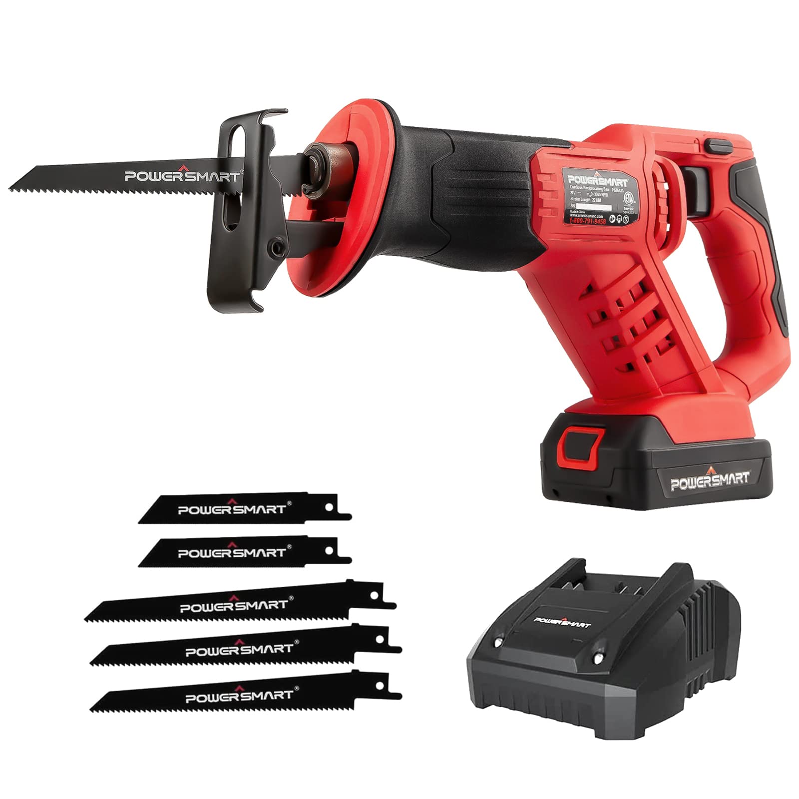 PowerSmart 20V Cordless Reciprocating Saw with 2.0Ah Battery and Charger, 3pcs Wood Blades and 2pcs Metal Blades Included