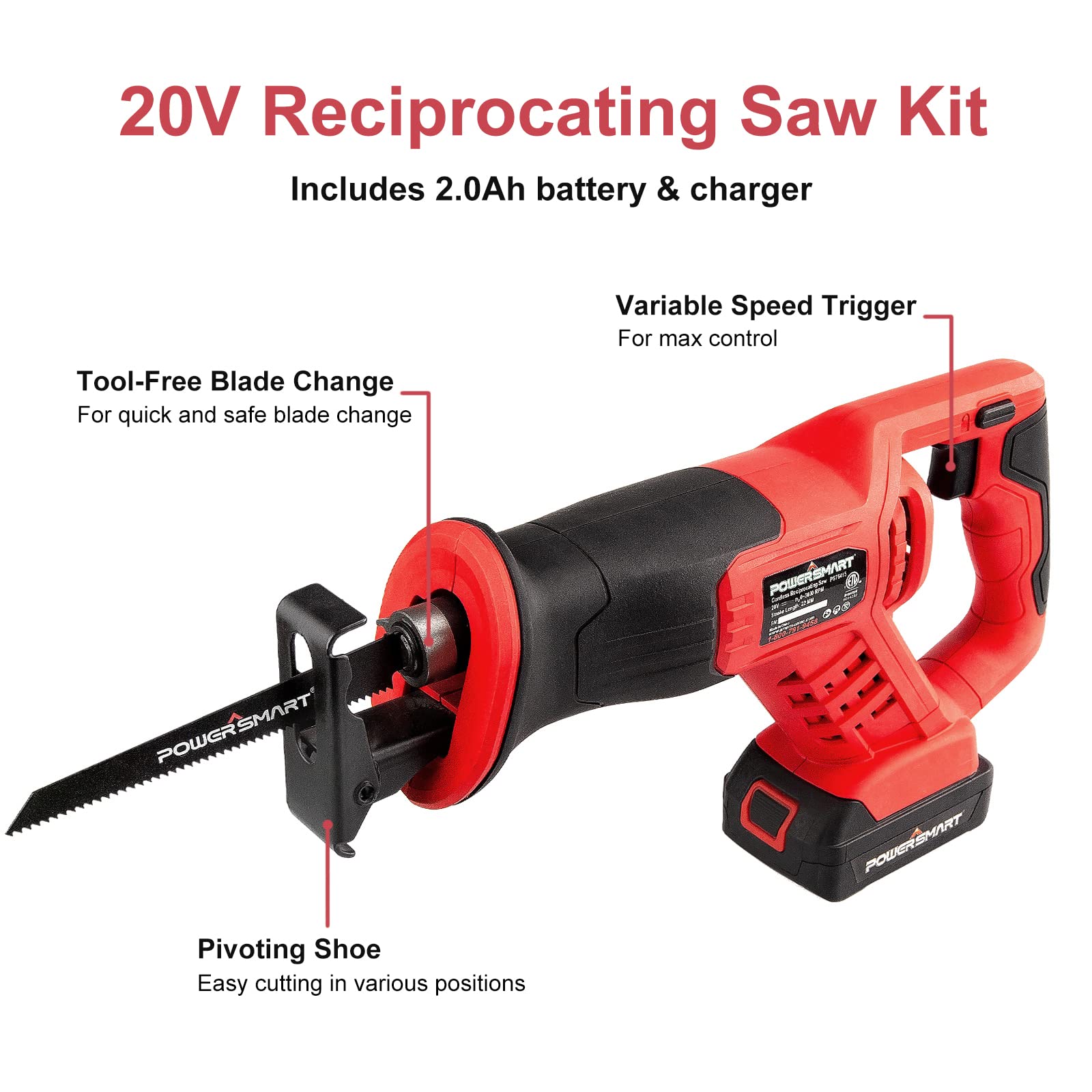 PowerSmart 20V Cordless Reciprocating Saw with 2.0Ah Battery and Charger, 3pcs Wood Blades and 2pcs Metal Blades Included