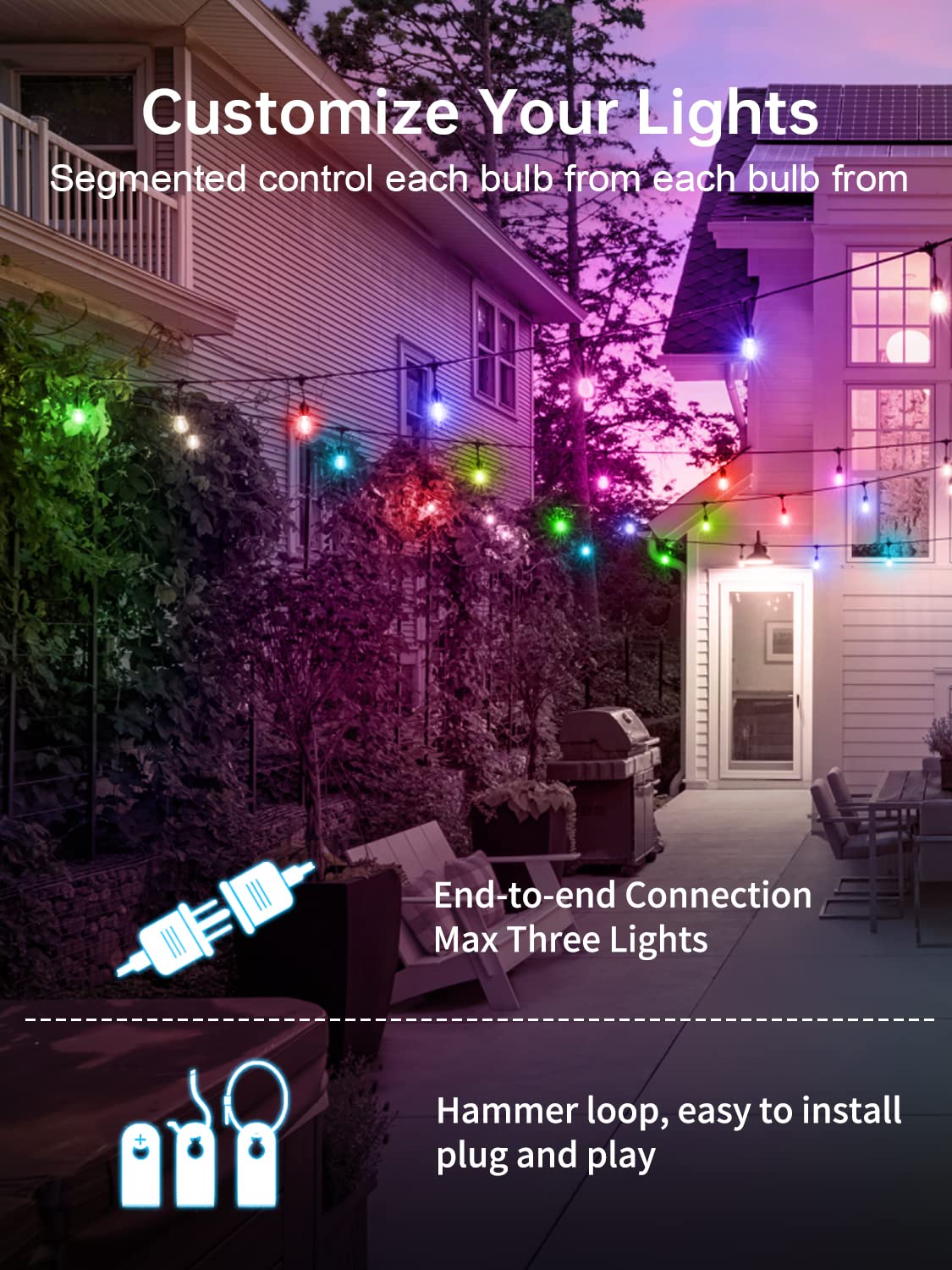 48FT Color Changing Outdoor String Lights, Commercial Grade with Music Sync Remote and 15 Shatterproof LED Edison Bulbs Dimmable Patio String for Christmas Holidays, Illuminate Your Space