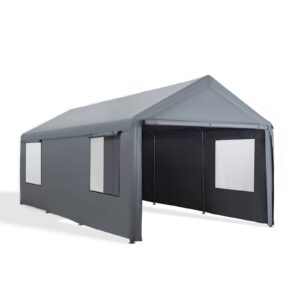 gardesol carport, 10'x 20' heavy duty carport with roll-up ventilated windows, reinforced portable garage with removable sidewalls & doors for car, truck, boat, car canopy with all-season tarp, gray