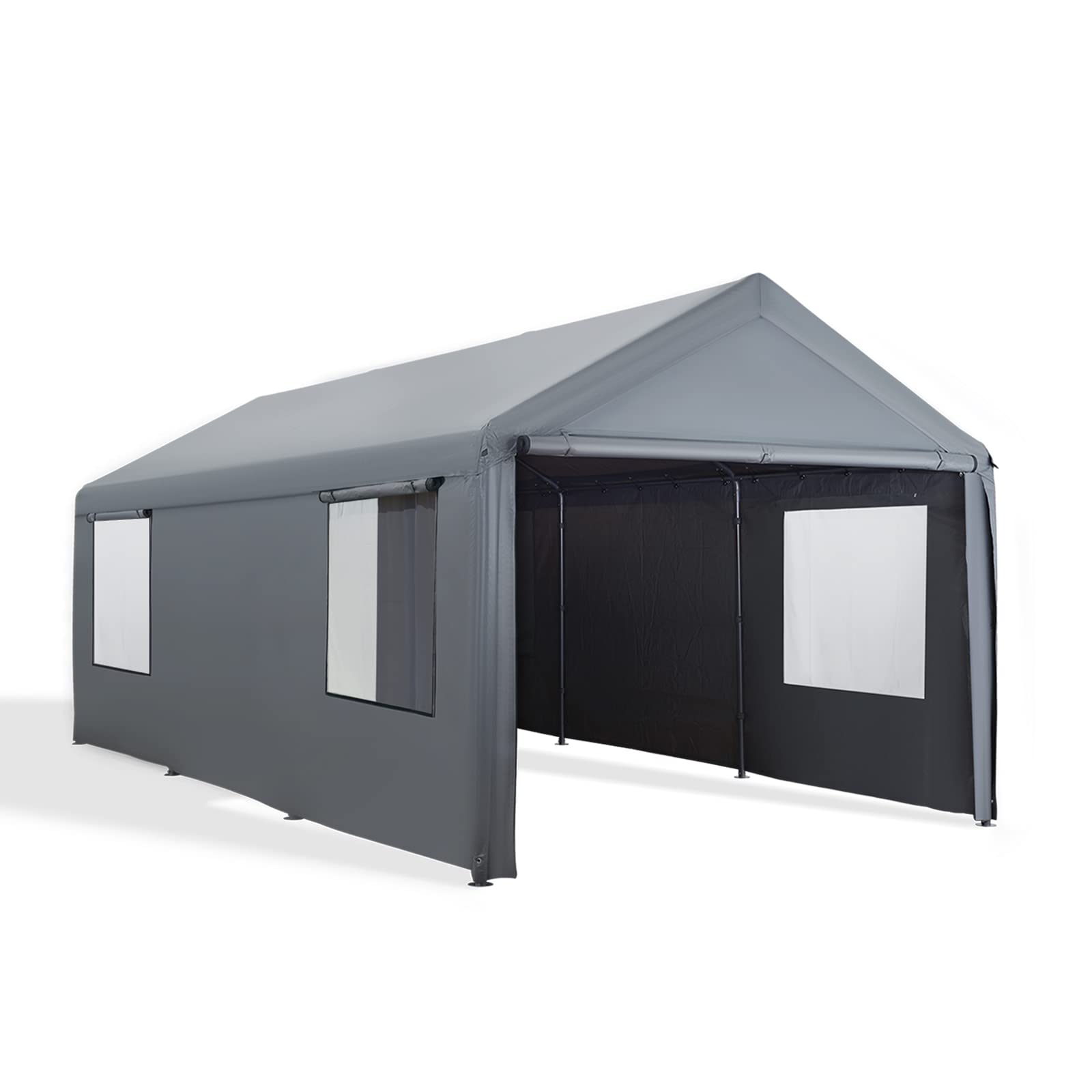 Gardesol Carport, 10'x 20' Heavy Duty Carport with Roll-up Ventilated Windows, Reinforced Portable Garage with Removable Sidewalls & Doors for Car, Truck, Boat, Car Canopy with All-Season Tarp, Gray