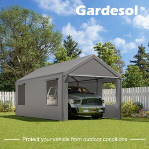 Gardesol Carport, 10'x 20' Heavy Duty Carport with Roll-up Ventilated Windows, Reinforced Portable Garage with Removable Sidewalls & Doors for Car, Truck, Boat, Car Canopy with All-Season Tarp, Gray