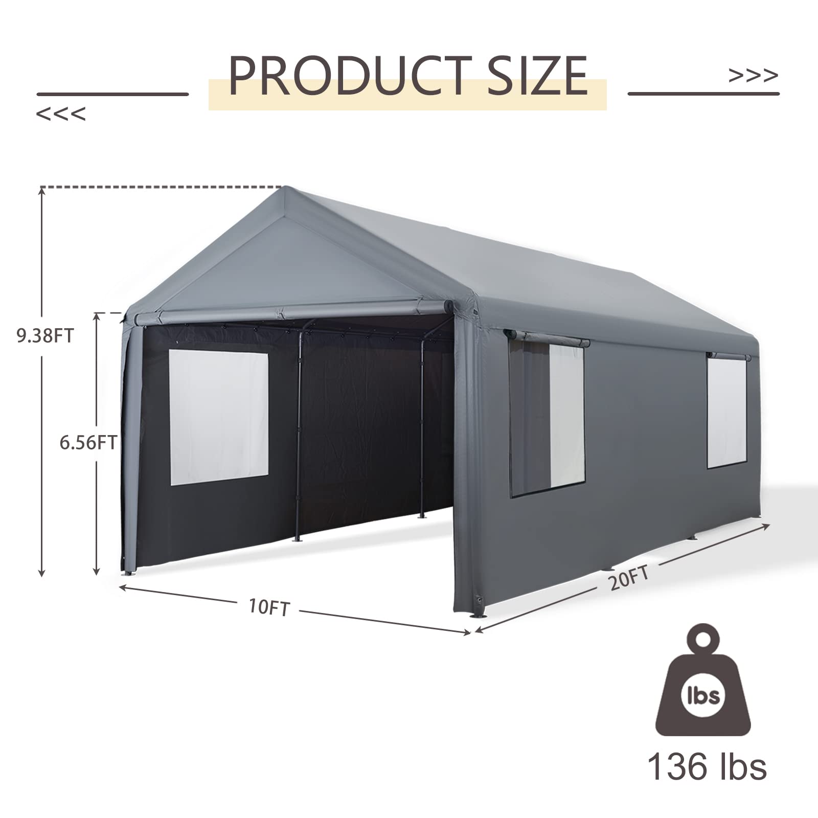 Gardesol Carport, 10'x 20' Heavy Duty Carport with Roll-up Ventilated Windows, Reinforced Portable Garage with Removable Sidewalls & Doors for Car, Truck, Boat, Car Canopy with All-Season Tarp, Gray