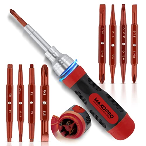 MaxoPro Ratcheting Screwdriver Set with Magnetic Tips - 19 In 1 Ratchet Multi Screwdriver - Portable and Multipurpose All In One Screwdriver, Phillips//Torx-Star/Hex/Square Bits