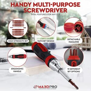 MaxoPro Ratcheting Screwdriver Set with Magnetic Tips - 19 In 1 Ratchet Multi Screwdriver - Portable and Multipurpose All In One Screwdriver, Phillips//Torx-Star/Hex/Square Bits