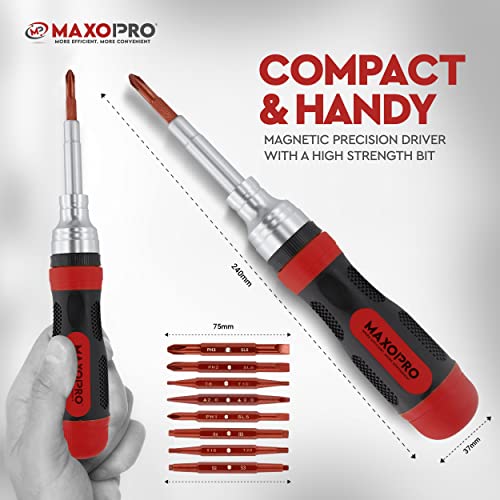 MaxoPro Ratcheting Screwdriver Set with Magnetic Tips - 19 In 1 Ratchet Multi Screwdriver - Portable and Multipurpose All In One Screwdriver, Phillips//Torx-Star/Hex/Square Bits
