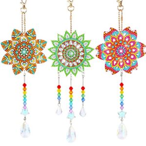 macarrie 3 pack rhinestone painting suncatcher wind chime double sided crystal rhinestone painting hanging ornament flower shape suncatcher kit for adults diy window home garden(stylish style)