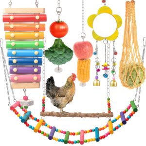 kakunm chicken toys for coop accessories 7pcs | chicken xylophone | chicken swing set | chicken mirror toy | chicken flexible ladder | chicken vegetable string bag and hanging feeder