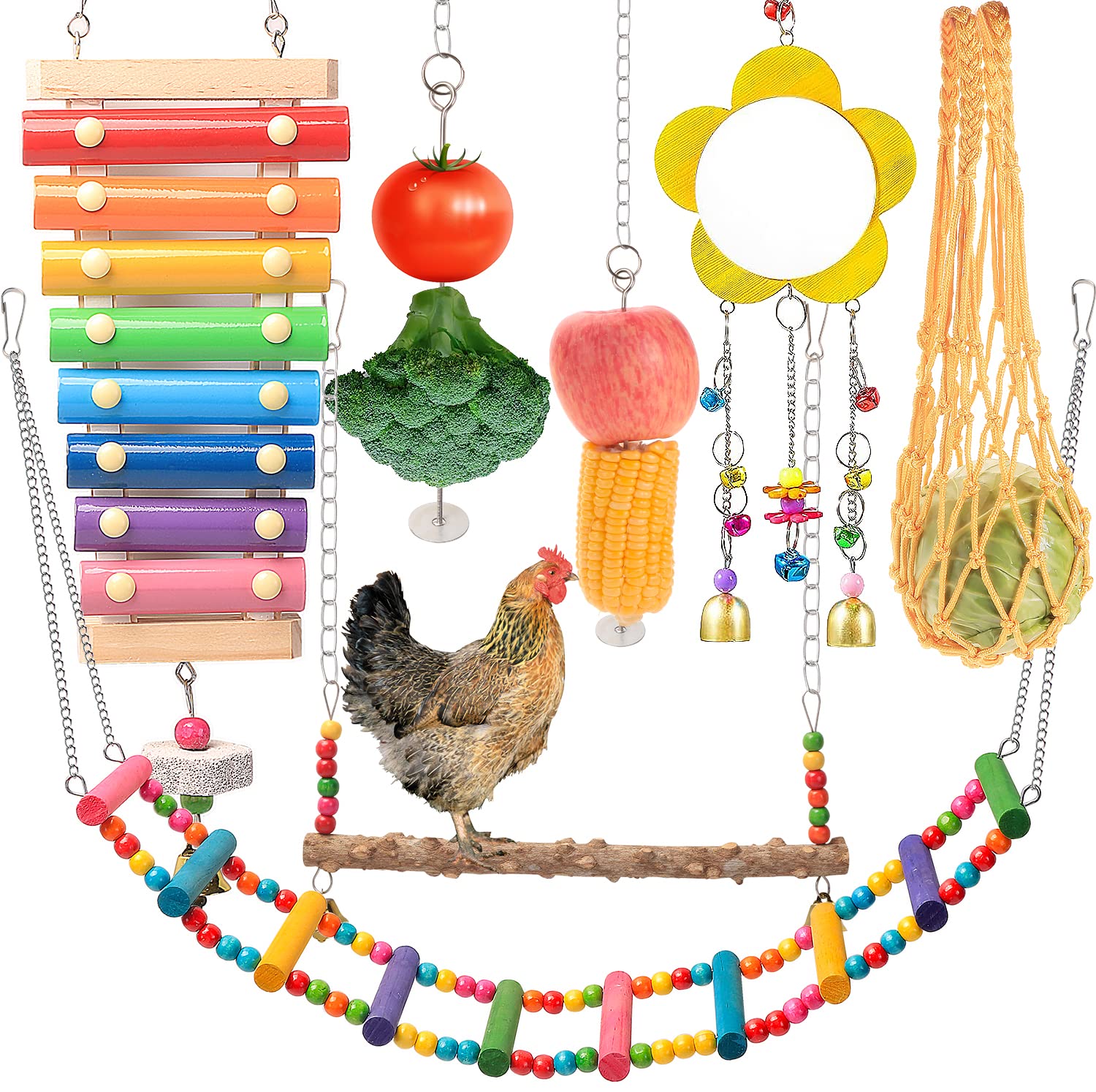 KAKUNM Chicken Toys for Coop Accessories 7PCS | Chicken Xylophone | Chicken Swing Set | Chicken Mirror Toy | Chicken Flexible Ladder | Chicken Vegetable String Bag and Hanging Feeder