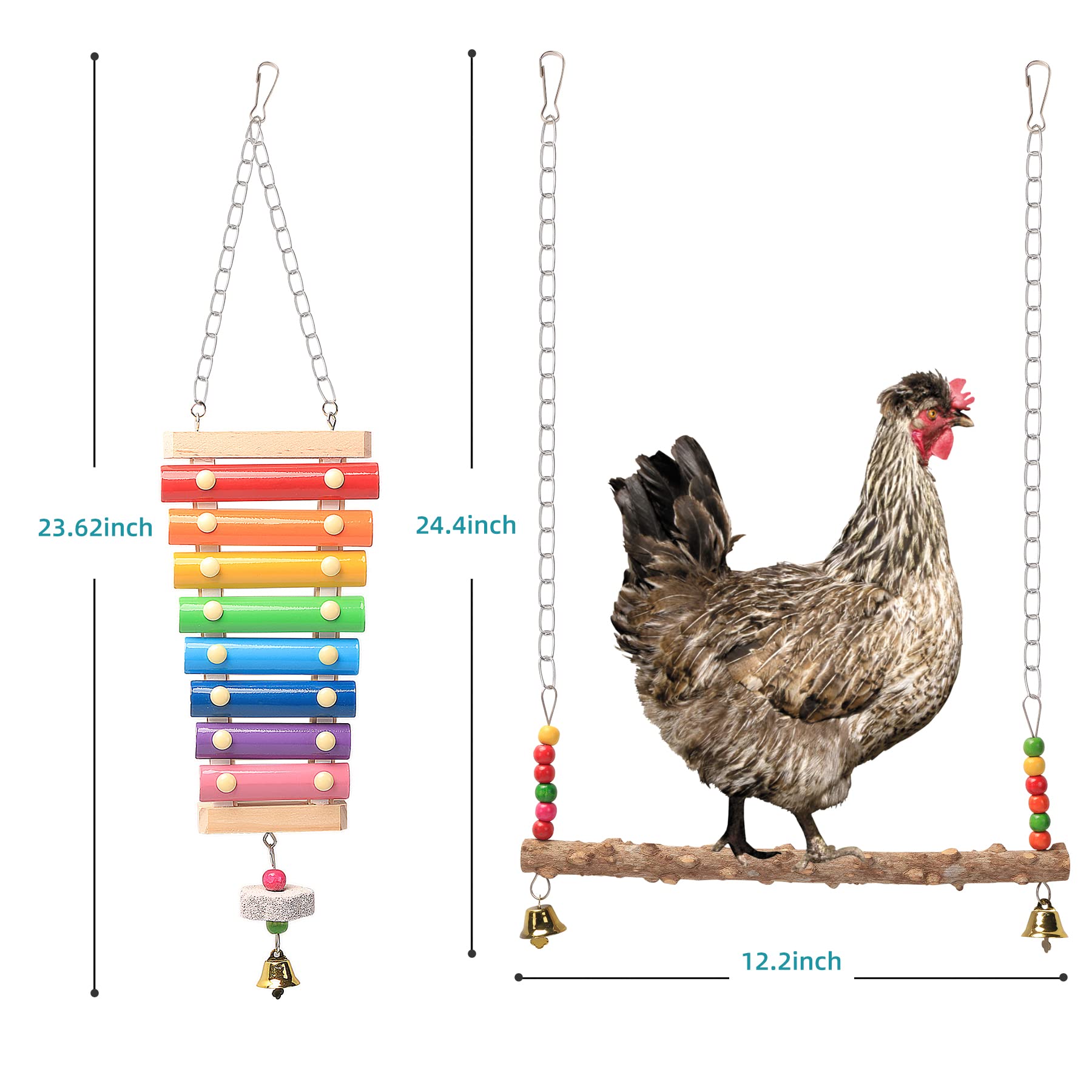 KAKUNM Chicken Toys for Coop Accessories 7PCS | Chicken Xylophone | Chicken Swing Set | Chicken Mirror Toy | Chicken Flexible Ladder | Chicken Vegetable String Bag and Hanging Feeder