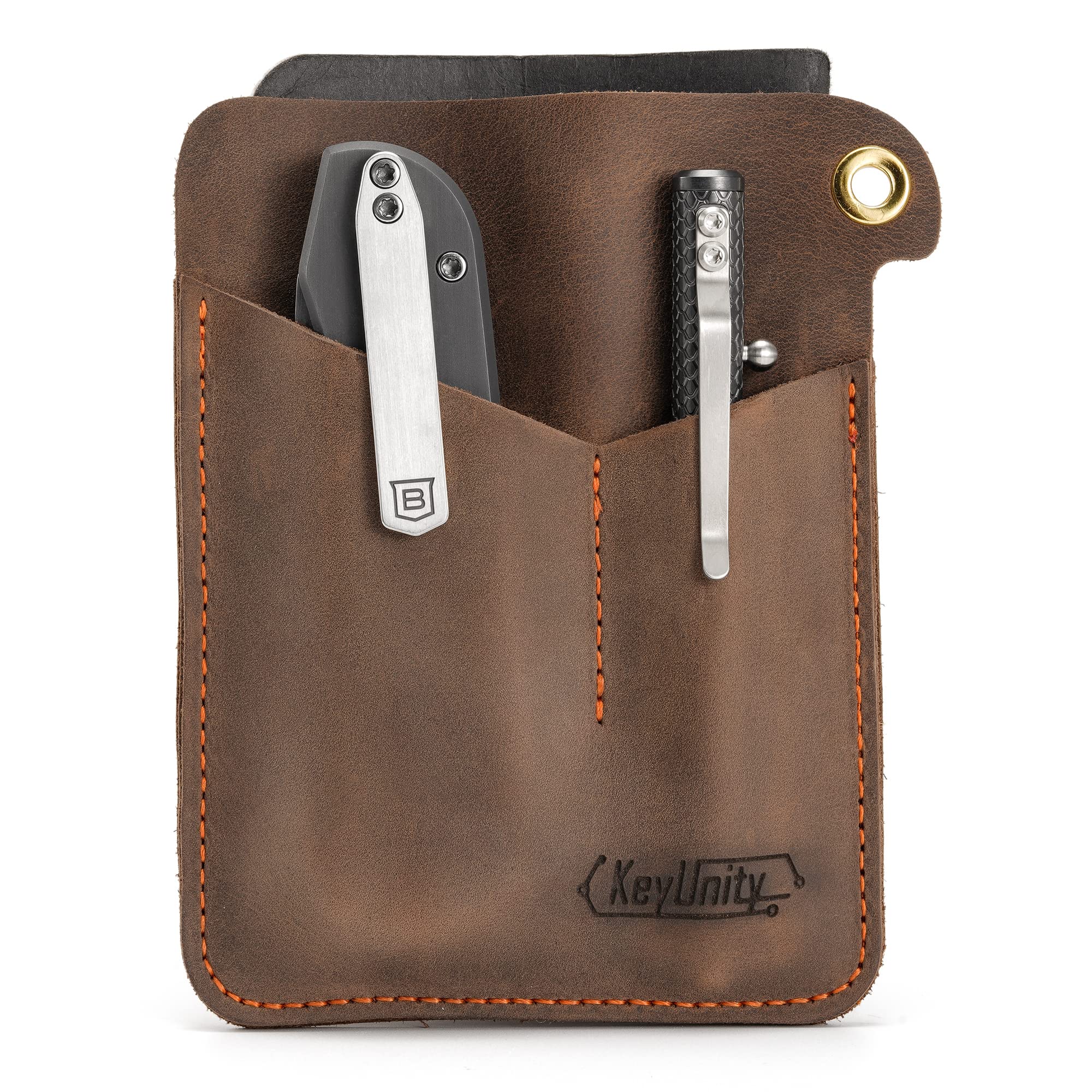 KeyUnity KL01 Leather Pocket Organizer with 3 Pouch, EDC Multitool Sheath for Notebook/Pocket Knife/Flashlights/Pens and Multitool (Brown)