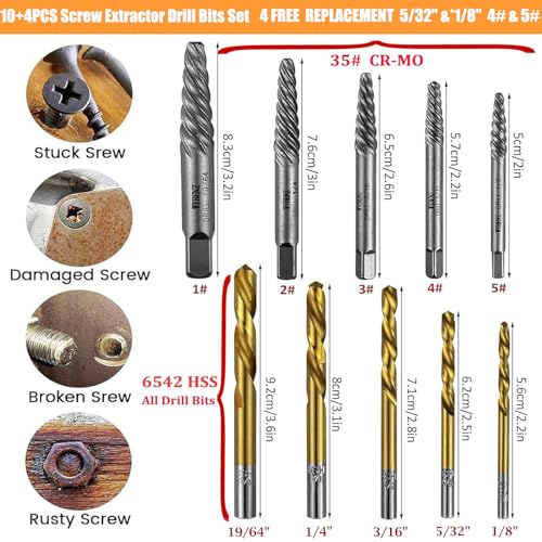 14Pcs Screw Extractor and Left Hand Drill Bits Set, Bolt Remover Reverse Cobalt HSS Steel Drill Bit for Remove Stripped Screws and Broken Bolts