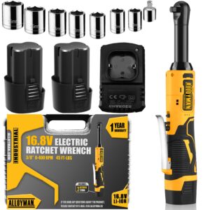 alloyman 16.8v 2.0ah li-ion cordless ratchet wrench kit, yellow, 400 rpm, 7 sockets, 1/4 inch adapter, 1 hour fast charge