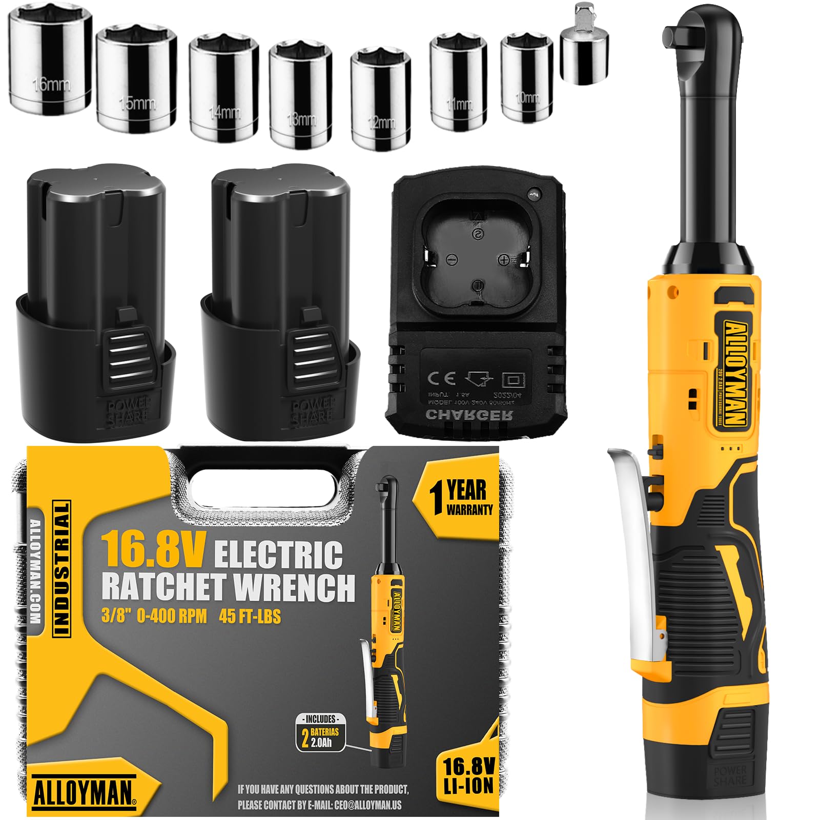 Alloyman 16.8V 2.0Ah Li-Ion Cordless Ratchet Wrench Kit, Yellow, 400 RPM, 7 Sockets, 1/4 Inch Adapter, 1 Hour Fast Charge