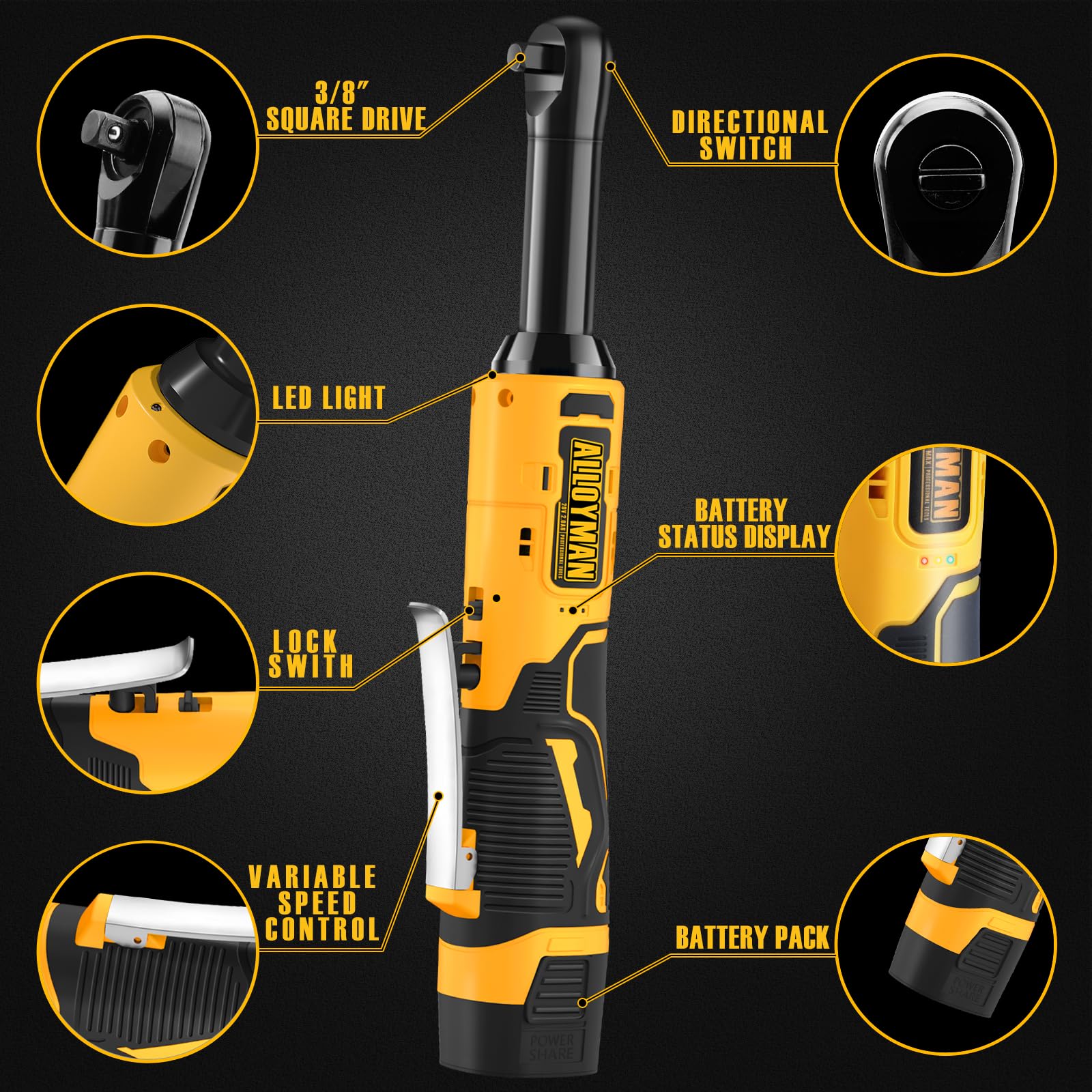 Alloyman 16.8V 2.0Ah Li-Ion Cordless Ratchet Wrench Kit, Yellow, 400 RPM, 7 Sockets, 1/4 Inch Adapter, 1 Hour Fast Charge