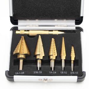 yenjo 6 pcs hss step drill bits set & automatic center punch, titanium-plated high speed steel drill bits set with aluminum case, multiple hole stepped up bits kit for plastic, wood, metal