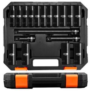 pgroup 18-piece 1/2 inch drive deep impact socket set, standard 6 point metric sizes (10mm - 24mm), cr-v steel, with 3", 5", and 10" impact extension bars and heavy duty storage case
