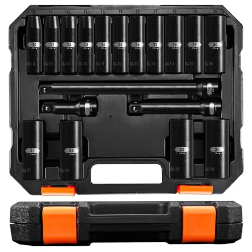 PGROUP 18-Piece 1/2 Inch Drive Deep Impact Socket Set, Standard 6 Point Metric Sizes (10mm - 24mm), Cr-V Steel, with 3", 5", and 10" Impact Extension Bars and Heavy Duty Storage Case