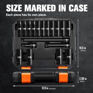 PGROUP 18-Piece 1/2 Inch Drive Deep Impact Socket Set, Standard 6 Point Metric Sizes (10mm - 24mm), Cr-V Steel, with 3", 5", and 10" Impact Extension Bars and Heavy Duty Storage Case