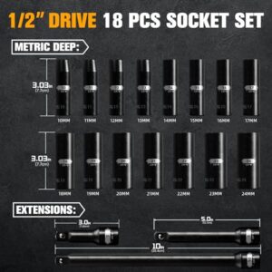 PGROUP 18-Piece 1/2 Inch Drive Deep Impact Socket Set, Standard 6 Point Metric Sizes (10mm - 24mm), Cr-V Steel, with 3", 5", and 10" Impact Extension Bars and Heavy Duty Storage Case