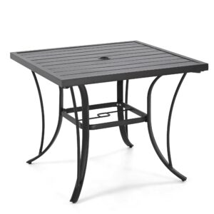 happatio patio dining table, 4 person brown square patio backyard furniture table metal steel slat patio dining table with umbrella hole dia 2"（35" x 35" x 28.5"）