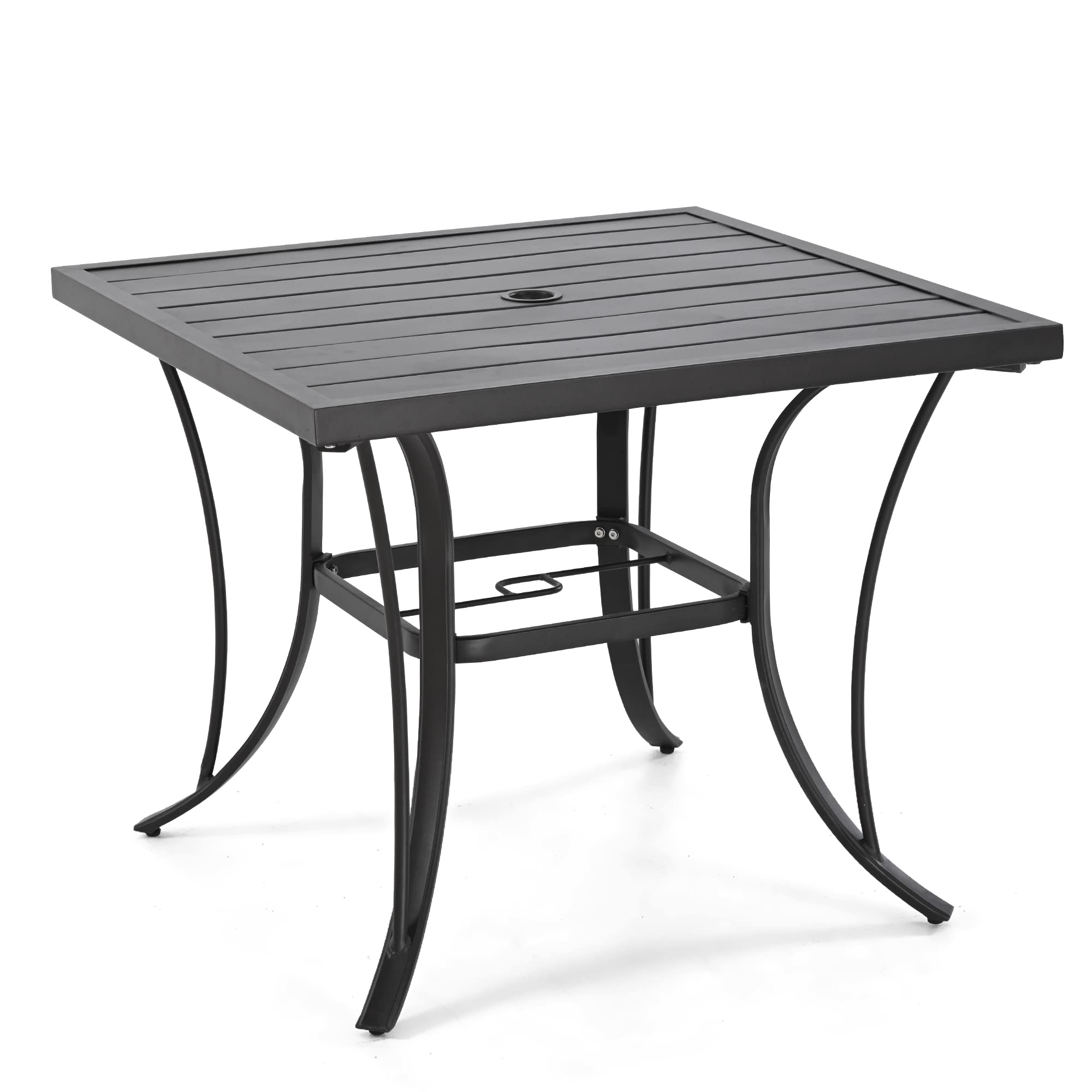 HAPPATIO Patio Dining Table, 4 Person Brown Square Patio Backyard Furniture Table Metal Steel Slat Patio Dining Table with Umbrella Hole Dia 2"（35" x 35" x 28.5"）