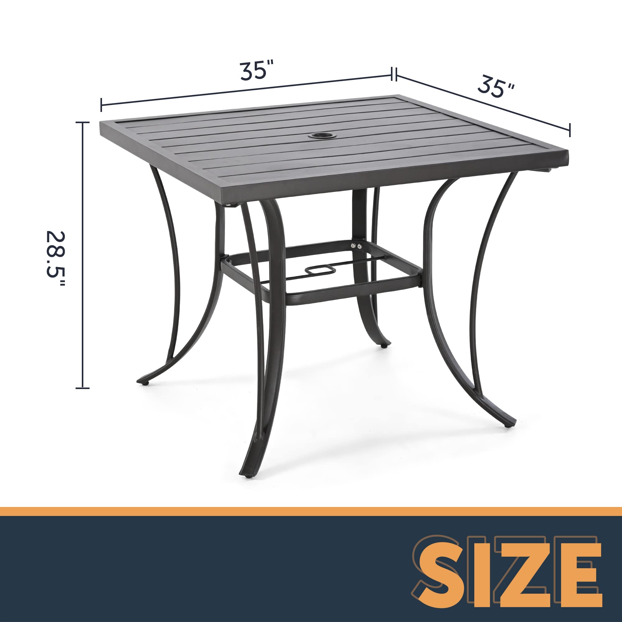 HAPPATIO Patio Dining Table, 4 Person Brown Square Patio Backyard Furniture Table Metal Steel Slat Patio Dining Table with Umbrella Hole Dia 2"（35" x 35" x 28.5"）