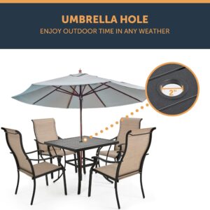 HAPPATIO Patio Dining Table, 4 Person Brown Square Patio Backyard Furniture Table Metal Steel Slat Patio Dining Table with Umbrella Hole Dia 2"（35" x 35" x 28.5"）